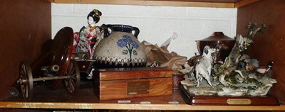 Lot 436 - A shelf of sundry items including modern brass telescope, a model boat, etc