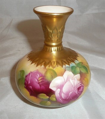 Lot 455 - A Royal Worcester porcelain small compressed spherical vase, shape F110, rose painted signed 'M...