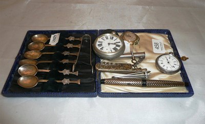 Lot 458 - Set of Masonic (Thorne) teaspoon and tongs, two watches, pen and sundry