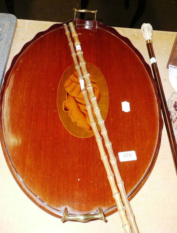 Lot 478 - Oval two-handled shell inlaid tray, two