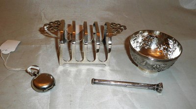 Lot 514 - Silver pencil, sovereign holder, toast rack, bowl  (4)