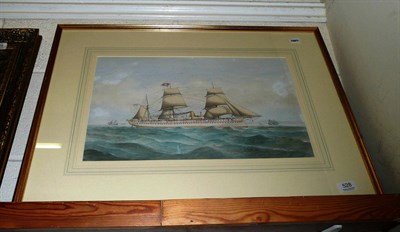 Lot 528 - Watercolour of a freighter (HMS Serapis) with other shipping off a coastline signed 'Robert...