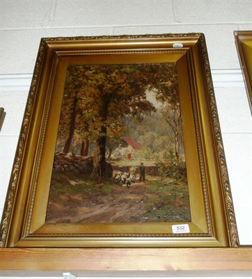 Lot 532 - Oil painting of a shepherd and sheep on a wooded lane in the style of W G Ruston