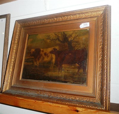 Lot 535 - Oil on panel - cattle beside a willow tree (damaged)