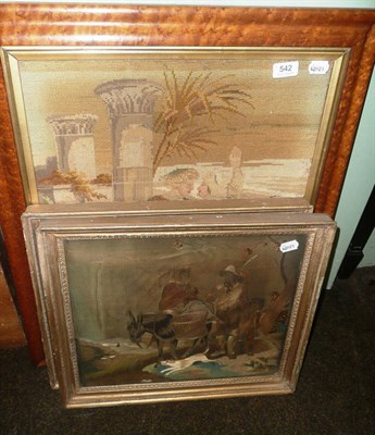 Lot 542 - Two early 19th century silkwork pictures of pastoral scenes and a maple-framed woolwork picture