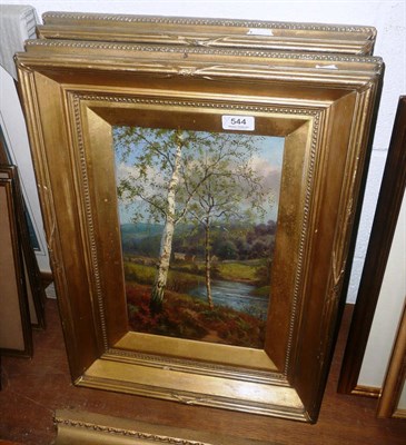 Lot 544 - Enoch Crossland, gilt-framed pair of oils - a harvesting landscape and a river landscape