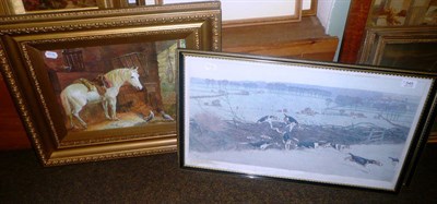 Lot 545 - Two Cecil Aldin signed hunting prints (both faded) and a gilt-framed watercolour of a Grey Hunter