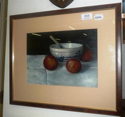 Lot 555 - Contemporary oil painting, still life of a bowl, knife and apples