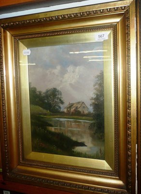 Lot 567 - A Victorian oil of a cottage and figures in a gilt frame