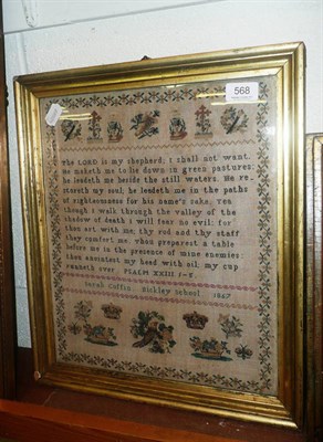 Lot 568 - A mid 19th century needlework sampler by Sarah Coffin, Bickley School, 1867