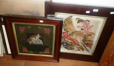 Lot 570 - Victorian mahogany framed woolwork picture of a parrot in flight and another of a seated cat (2)