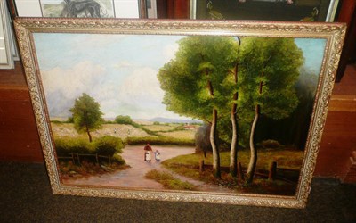 Lot 574 - Framed oil on canvas titled 'Summer', figures on a path signed E Cowling 1912