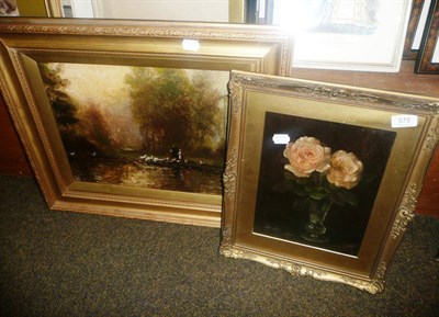 Lot 575 - Framed oil on canvas, lady and two children feeding the swans and ducks and an oil still life...