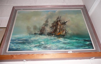 Lot 576 - G Heddes, 'Engagement of warships', indistinctly signed, acrylic on canvas