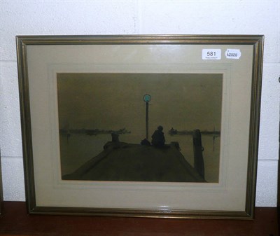 Lot 581 - Follower of J A M Whistler, watercolour on tinted paper - 'The Pier'