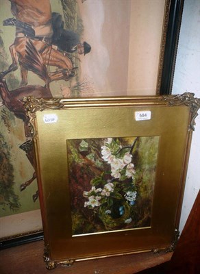 Lot 584 - A pair of Victorian decorative floral paintings and a hunting print