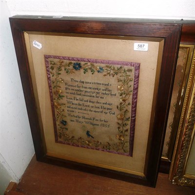 Lot 587 - Framed sampler with central verse worked by Faith Dunwell aged 8 1850 and another worked by...