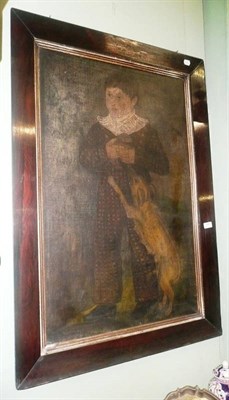 Lot 590 - Primitive oil painting of a standing boy with a dog behind him, in veneered frame