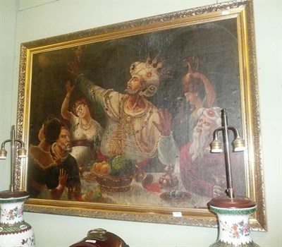 Lot 593 - Large oil painting (flaking and damaged) - a Turkish or Persian King with female attendants