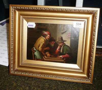 Lot 594 - A gilt-framed oil on board - Dutch scene of three men playing a board game