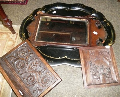 Lot 723 - Papier-mache tray, a mirror, carved oak shelf and carved oak panel