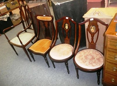 Lot 837 - An Edwardian inlaid open armchair, a pair of mahogany inlaid salon chairs and a single chair