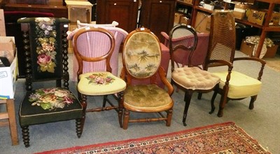 Lot 844 - A prie dieu chair with woolwork seat and back, a mahogany balloon-back dining chair, an...