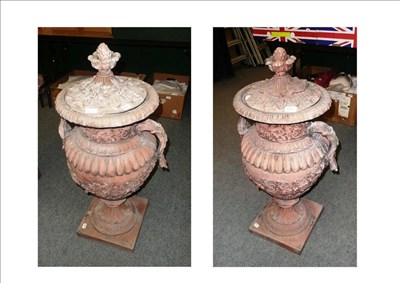 Lot 936 - Pair of terracotta pedestal urns and covers