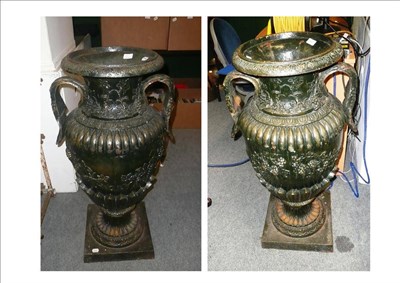 Lot 940 - Pair of large cast two-handled pedestal urns metal ware urns 32"