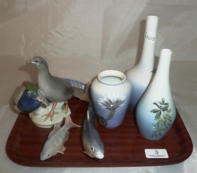 Lot 3 - Royal Copenhagen bird group, two Royal Copenhagen fish, two Royal Copenhagen vases and a B & G vase