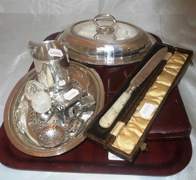 Lot 4 - Plated entree dish, silver match box holder, silver baby spoon and push, cased cake knife,...