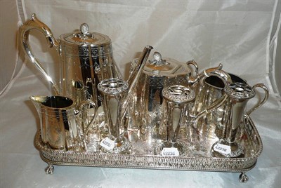 Lot 8 - A four piece silver plated tea and coffee service by Roberts & Belk, a silver on copper wine...