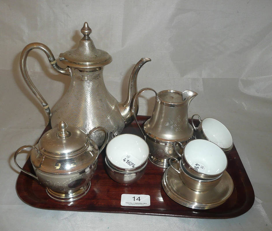 Lot 14 - A Continental white metal coffee pot stamped '800', 11oz and a white metal milk jug, sugar...