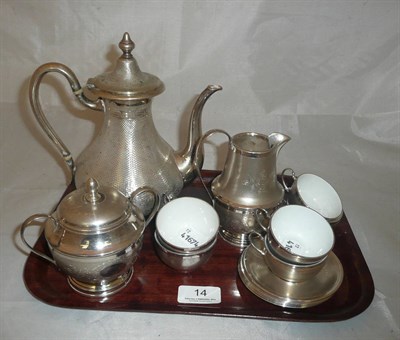Lot 14 - A Continental white metal coffee pot stamped '800', 11oz and a white metal milk jug, sugar...