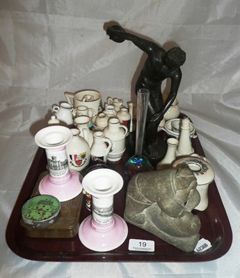 Lot 19 - Inuit stone carving and tray of crested china