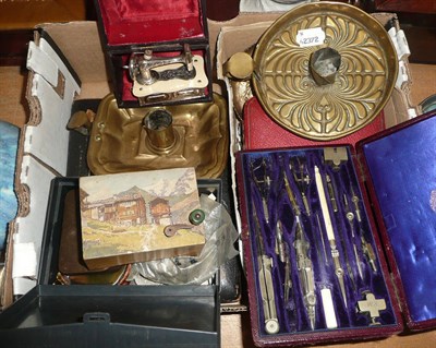 Lot 26 - A quantity of coins, plated flatware, brass chamberstick, miniature sewing machine etc