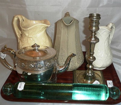 Lot 34 - Glass rolling pin, plated candlestick etc