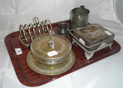Lot 36 - Silver plated sardine dish, toast rack, glass butter dish with stand and a pewter tankard and small