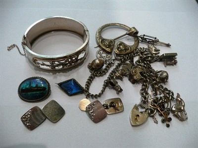 Lot 46 - Two charm bracelets, cufflinks, bar brooch, bangle etc
