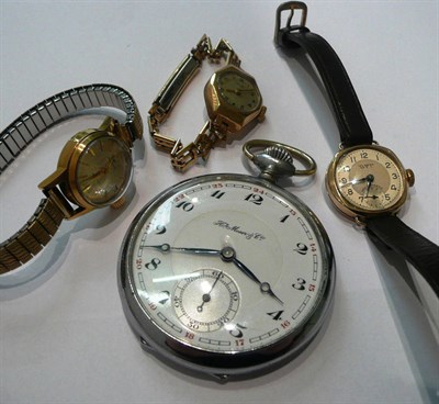Lot 47 - Two 9ct ladies wristwatches, nickel pocket watch and a gilt metal lady's wristwatch