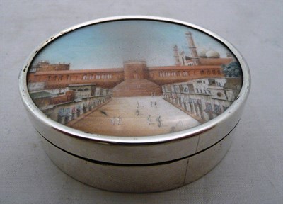 Lot 64 - A silver snuff box inset with Indian hand painted architectural view, early 20th century