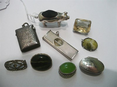 Lot 67 - A silver vesta, a cigar cutter, a silver pig pin cushion, a silver pill box, a citrine brooch,...