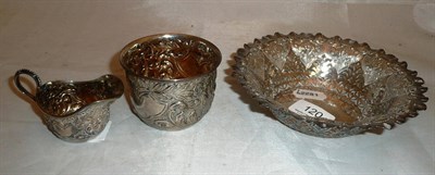 Lot 120 - A Mappin & Webb silver cream jug and sugar bowl and a pierced silver bowl
