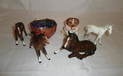 Lot 121 - Four Beswick small foals, Wedgwood small lustre bowl and a Royal Albert 'Mrs Tiggy-Winkle' figure