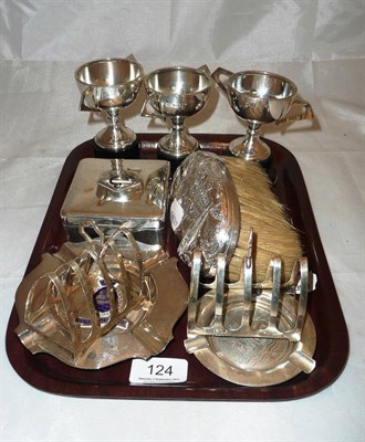 Lot 124 - Three small silver trophy cups, two Walker & Hall silver toast racks and assorted small silver...