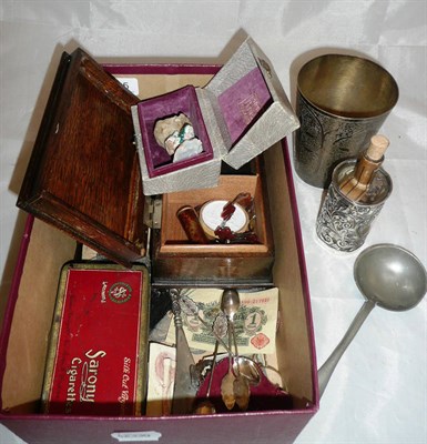 Lot 125 - Box of miscellanea including silver scent bottle, coins etc