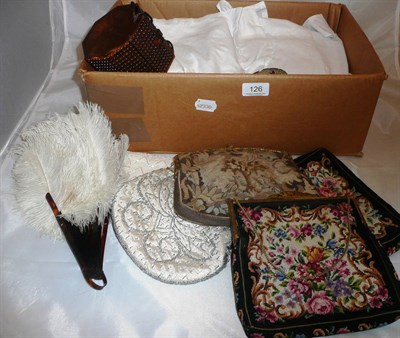 Lot 126 - A box of bags, linen and fans