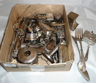 Lot 128 - Box of silver and plated items, jars, candlesticks etc
