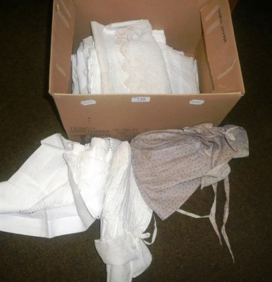 Lot 139 - Victorian cotton printed bonnet, white cotton bonnet and other white linen and textiles