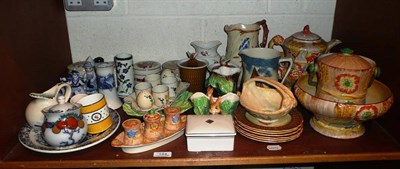 Lot 144 - Shelf of decorative ceramics, pair of watercolours and three tapestry pictures
